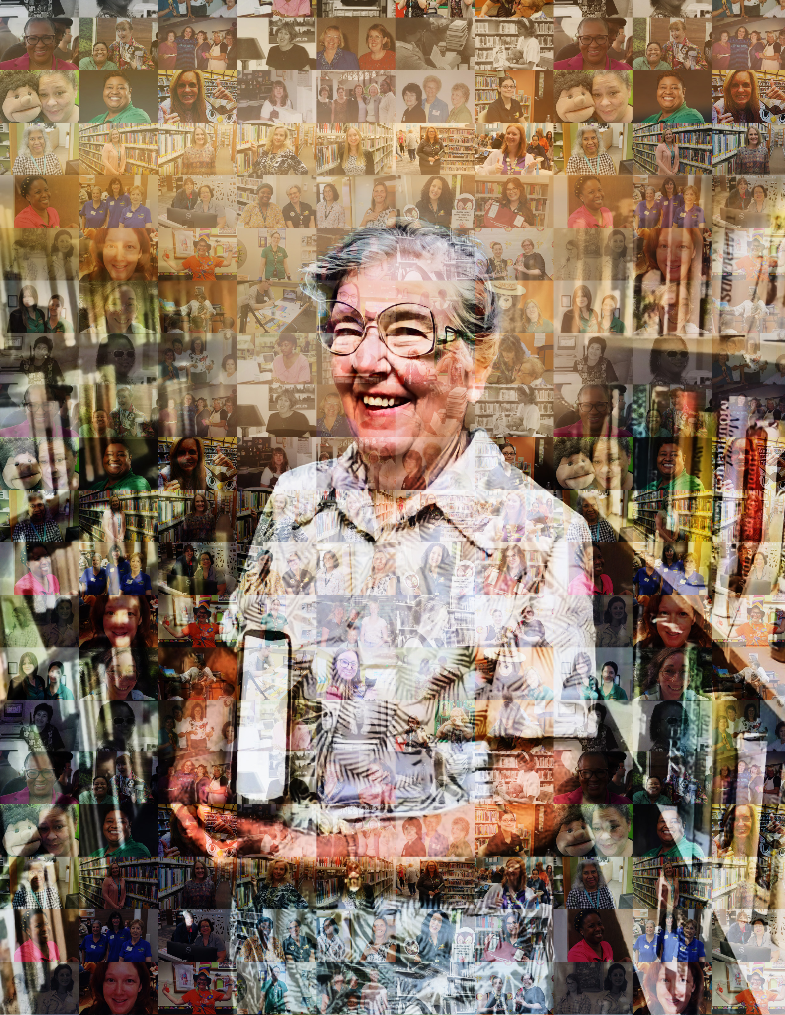 A grid of women who work in the Library, assembled with an overlay of Ingrid Eckler, so it looks like the women are making up Ingrid's portrait.